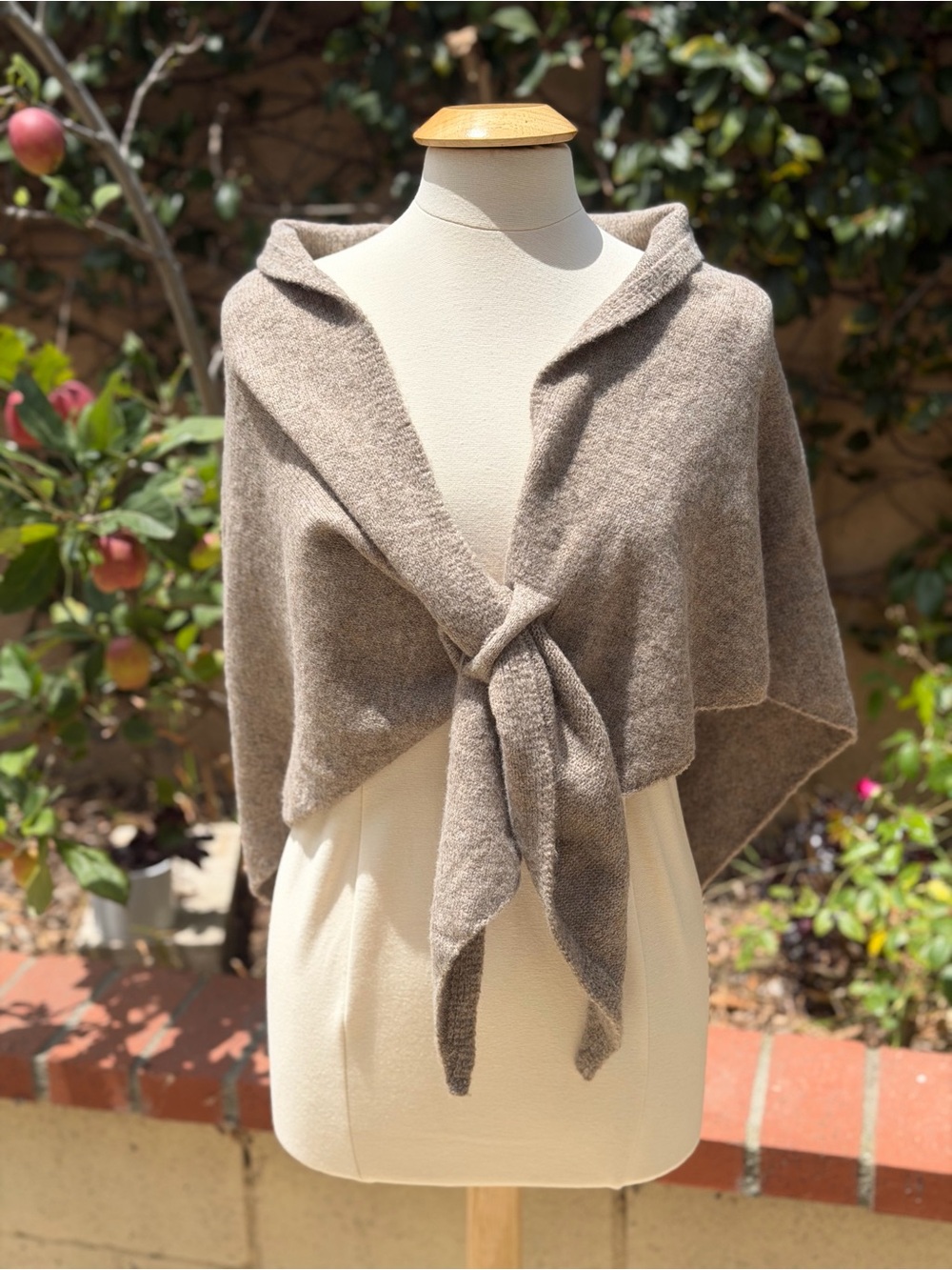 Taupe Wool Tie-Front Wrap Scarf